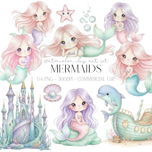 Clipart di sirene carine, acquerello, PNG, animali marini, castello, code di sirena, cavalluccio marino, delfino, conchiglia, stella marina, download immediato, uso commerciale
