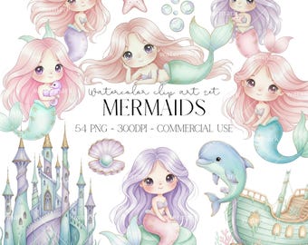 Clipart de sirène mignonne aquarelle PNG animaux marins château queues de sirène hippocampe dauphin coquillage étoiles de mer téléchargement immédiat usage commercial