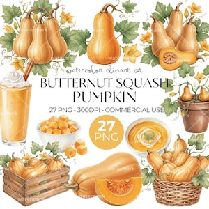 Könnte beinhalten: Ein Aquarell-Clipart-Set mit Butternusskürbissen und Kürbissen, darunter ein Glas mit orangefarbenem Getränk, eine Schüssel mit gewürfeltem Kürbis, eine Suppenschüssel, eine Holzkiste und ein Weidenkorb, mit dem Text BUTTERNUT SQUASH PUMPKIN.