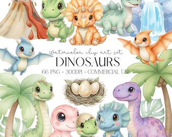 Clipart aquarelle dinosaures mignons pour enfants, décoration de chambre d'enfant, fête d'anniversaire, baby showers PNG, sexe neutre, oeuf de dinosaure, volcan, cascade