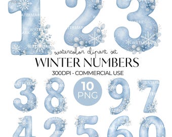May include: A digital watercolor clipart set featuring the numbers 0 through 9 in a light blue hue, decorated with white snowflakes and small silver berries. The text reads watercolor clipart set WINTER NUMBERS 300DPI - COMMERCIAL USE 10 PNG.