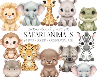 Animaux de safari aquarelle Clipart PNG jungle, Lion, éléphant, girafe, léopard, anniversaire Safari, décoration de chambre d'enfant, baby shower, usage Commercial