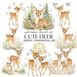 May include: A digital collection of watercolor illustrations featuring various deer, fawns, and forest elements including pine trees, flowers, and butterflies. The text reads: watercolor clipart set CUTE DEER 300DPI - COMMERCIAL USE.