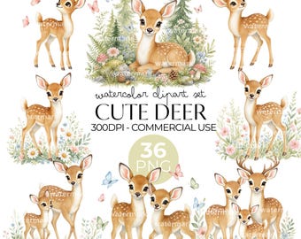 Cute Deer Clipart Watercolor PNG Bundle Baby Deer Graphics for Nursery Decor Wall Art  Sublimation Stickers Birthday Invite Commercial Use
