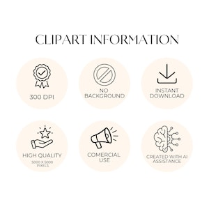 May include: A graphic with the text "CLIPART INFORMATION" and icons indicating 300 DPI, no background, instant download, high quality (5000 x 5000 pixels), commercial use, and AI assistance.