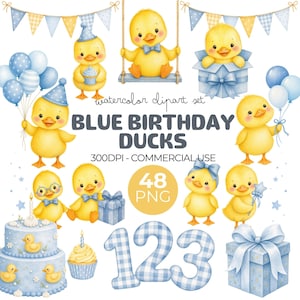 Puede incluir: Un conjunto de imágenes prediseñadas digitales en acuarela con patitos amarillos con accesorios de cumpleaños azules, globos, regalos, un pastel de varios niveles y los números 1, 2 y 3. El texto dice: watercolor clipart set BLUE BIRTHDAY DUCKS 300DPI - COMMERCIAL USE 48 PNG.
