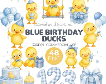 Blue Birthday Ducks Clipart Watercolor PNG Bundle Birthday Invitation Duck Wall Art Boy Baby Shower Graphics, Nursery Decor, Commercial Use