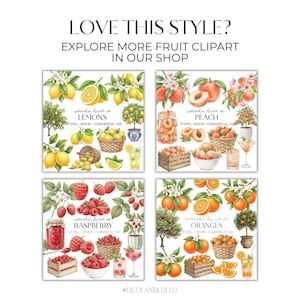 May include: A digital art print featuring watercolor illustrations of various fruits, including lemons, peaches, raspberries, and oranges. The image includes text that reads "LOVE THIS STYLE? EXPLORE MORE FRUIT CLIPART IN OUR SHOP."