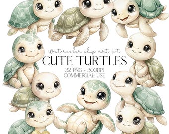 Tortues mignonnes Clipart aquarelle PNG tortue Clipart Bundle fête d'anniversaire, décoration de chambre d'enfant, baby shower, usage commercial, téléchargement immédiat