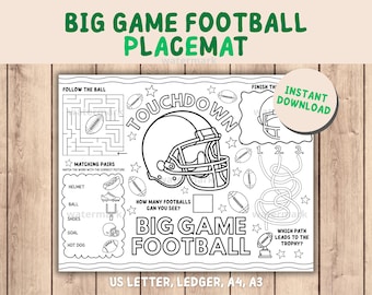 Big Game Football Placemat Printable for Kids Activity Match American Football Kids Game for Children Big Game Day Kids Classroom Activity