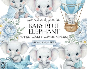 Baby Blue Elephant Watercolor Clipart PNG Elephant Nursery Clipart Bundle for Baby Shower, Birthday Decor, Instant Download, Commercial Use