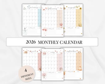 Calendrier mensuel illustré pour enfants 2026 à imprimer, calendrier portrait de famille coloré, agenda sur le thème pour enfants, nouvel an, idée cadeau pour enfants mignons