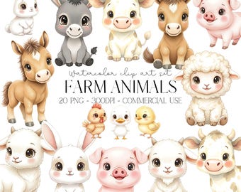 Clipart aquarelle mignon animaux de la ferme pour enfants, décoration de chambre d'enfant, fête d'anniversaire, baby shower PNG, vache, poulet, cheval, canard, téléchargement immédiat