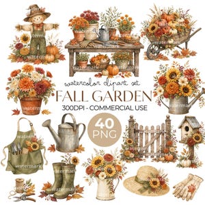 Pode incluir: Um conjunto de cliparts em aquarela digital intitulado FALL GARDEN, apresentando um espantalho, abóboras, girassóis, crisântemos, um banco de madeira, um carrinho de mão, um regador, um avental, botas de borracha e um chapéu de palha.