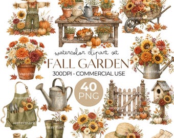 Watercolor Fall Garden Clipart Bundle, 40 Autumn Elements (Commercial Use)