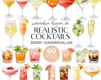 Cocktail Clipart Watercolor PNG Realistic Drinks Clipart Set Cocktail Party Invitations Bar Decor Design, Wedding stationery, Commercial Use