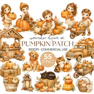 Puede incluir: Un conjunto de imágenes prediseñadas en acuarela digital con niños, calabazas, un golden retriever, un gato atigrado, un gato negro, un camión de madera, una carretilla y una linterna. El texto dice watercolor clipart set PUMPKIN PATCH 300DPI - COMMERCIAL USE 55 PNG.