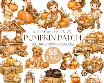 May include: A digital watercolor clipart set featuring children, pumpkins, a golden retriever, a tabby cat, a black cat, a wooden truck, a wheelbarrow, and a lantern. The text reads watercolor clipart set PUMPKIN PATCH 300DPI - COMMERCIAL USE 55 PNG.