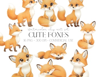 Clipart aquarelle renard mignon pour enfants, décoration de chambre d'enfant, fête d'anniversaire de renard, baby shower PNG, animaux de la forêt, sexe neutre, téléchargement numérique