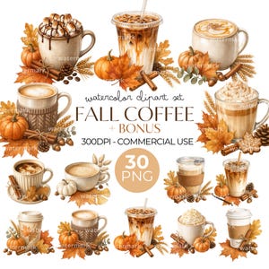 May include: A digital collection of watercolor illustrations featuring various coffee drinks, including mugs and iced coffee cups, decorated with autumn elements like orange pumpkins, brown cinnamon sticks, pinecones, and golden maple leaves.