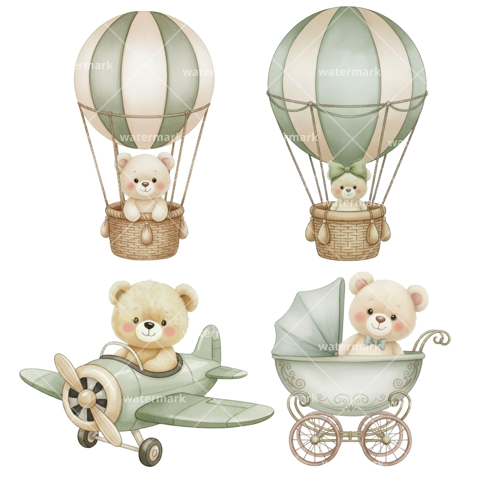 Watercolor Green Teddy Bear Clipart PNG for Cute Bear Nursery Decor ...