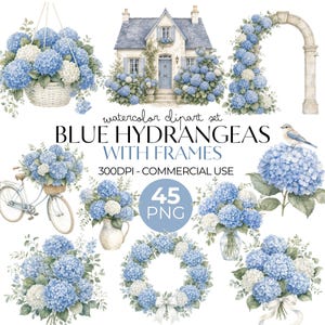Puede incluir: Un conjunto de imágenes prediseñadas en acuarela digital con hortensias azules y blancas, que incluye una casa, un arco de piedra, una bicicleta, una corona y ramos. El texto dice: watercolor clipart set BLUE HYDRANGEAS WITH FRAMES 300DPI - COMMERCIAL USE 45 PNG.