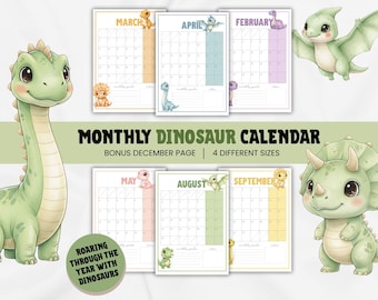 Calendrier dinosaure pour enfants imprimable, calendrier mensuel dinosaure pour enfants, calendrier sur le thème des enfants, cadeau parfait pour les enfants, téléchargement immédiat