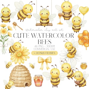 Può includere: Un set di clip art ad acquerello con simpatiche api gialle e nere con ali bianche. Il set include api che tengono miele, fiori e un favo. Il testo sull'immagine recita "CUTE WATERCOLOR BEES" e "46 PNG - 300DPI USO COMMERCIALE + CORNICI BONUS."