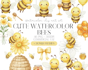 Mignon abeilles aquarelle Clipart PNG, petite abeille Clipart, décoration de chambre d'anniversaire de fête d'anniversaire fleurs nid d'abeille ruche usage Commercial téléchargement immédiat