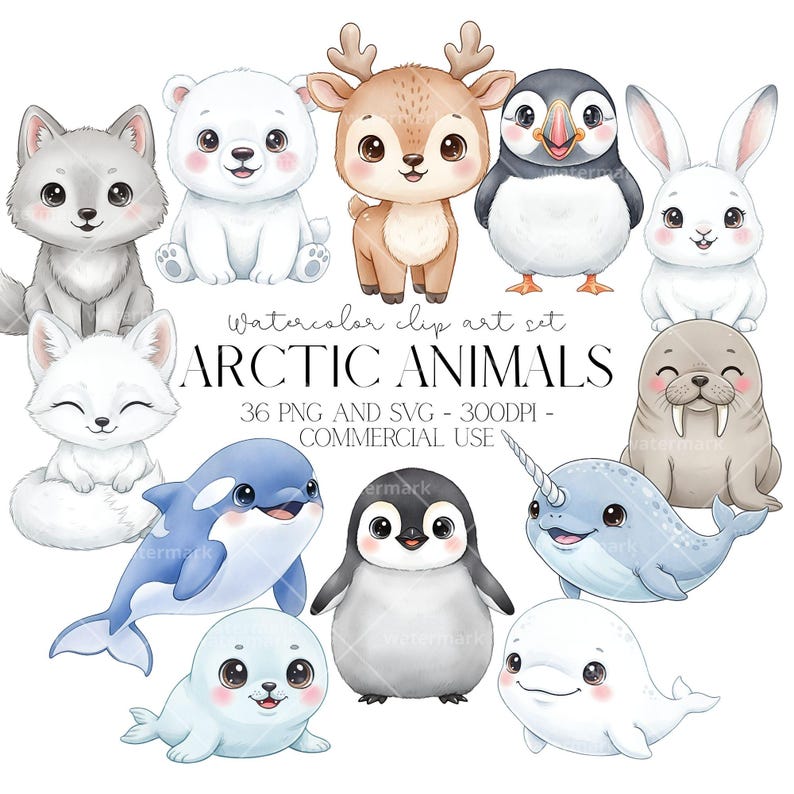 Cute Arctic Animals Clipart Watercolor PNG SVG Commercial License ...