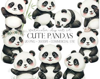 Lot de cliparts PNG aquarelle panda mignon pour décoration de chambre d'enfant, décorations de fête d'anniversaire d'enfants, baby shower (téléchargement instantané, usage commercial)