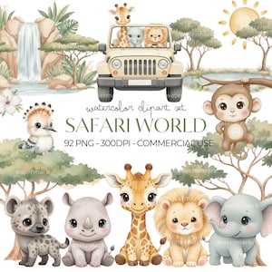 May include: Watercolor clipart set featuring safari animals and a jeep. The image includes a giraffe, lion, elephant, rhino, hyena, and monkey. The text "SAFARI WORLD" is displayed, along with "92 PNG - 300DPI - COMMERCIAL USE."