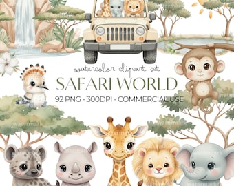 Safari Animals Clipart Watercolor PNG Large Bundle, Animal Clipart Set, Lion, Elephant, Giraffe, Monkey, Commercial Use, Instant Download