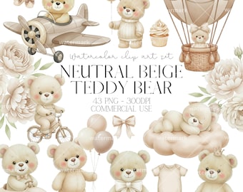 Aquarelle neutre beige ours en peluche clipart PNG pour baby shower ours Clipart, décoration de chambre d'enfant, anniversaire d'ours, usage commercial, téléchargement immédiat