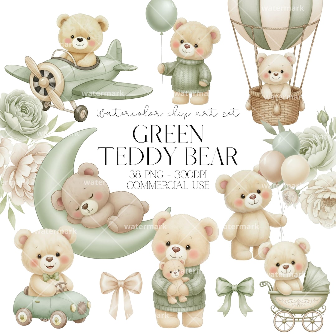 Watercolor Green Teddy Bear Clipart PNG for Cute Bear Nursery Decor ...
