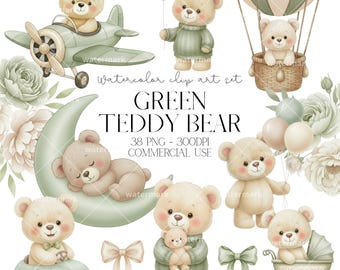 Aquarelle ours en peluche vert Clipart PNG pour décoration de chambre d'enfant mignon ours, shower de bébé garçon, fête d'anniversaire d'enfants, usage commercial, téléchargement immédiat