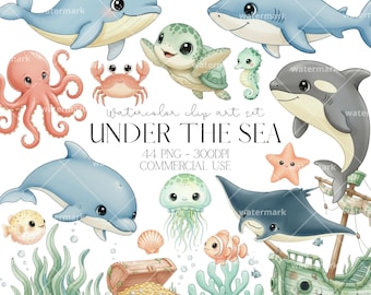 Sous la mer aquarelle Clipart Bundle PNG Clipart animaux de l'océan, créatures de la mer, anniversaire de l'océan pour enfants, usage commercial, téléchargement immédiat