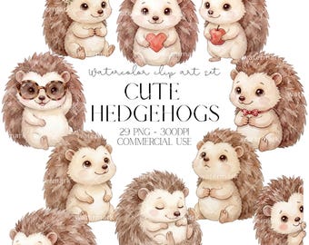 Bundle de cliparts aquarelle hérissons mignons anniversaire hérisson PNG fond Transparent animaux de baby shower, téléchargement immédiat, usage commercial