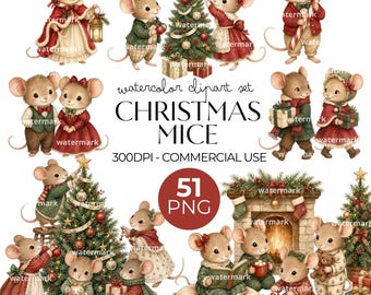 Christmas Mice Clipart Bundle, 51 Watercolor PNG Mouse Illustrations, Transparent Background, Commercial Use Included