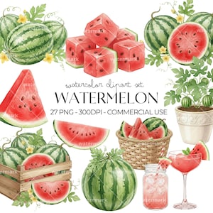 Watermelon Clipart Watercolor PNG Summer Fruit Clipart Bundle, Watermelon Slice Graphics, Instant Download, Commercial Use
