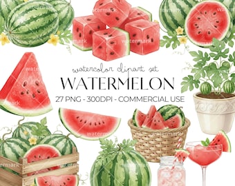 Watermelon Clipart Watercolor PNG Summer Fruit Clipart Bundle, Watermelon Slice Graphics, Instant Download, Commercial Use