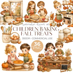 Puede incluir: Una colección digital de ilustraciones en acuarela que muestra niños horneando dulces de otoño, incluyendo calabazas, pasteles, harina, rodillos y utensilios de cocina. El texto dice watercolor clipart set CHILDREN BAKING FALL TREATS 36 PNG.