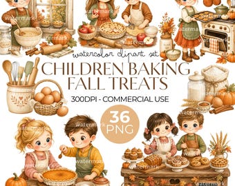 May include: A digital collection of watercolor illustrations featuring children baking fall treats, including pumpkins, pies, flour, rolling pins, and kitchen utensils. The text reads watercolor clipart set CHILDREN BAKING FALL TREATS 36 PNG.