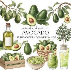 May include: Watercolor clipart set featuring avocados, guacamole, and avocado oil. The image includes whole and sliced avocados, a basket of avocados, a wooden crate, and a small avocado tree. The text "AVOCADO" is displayed in the center.