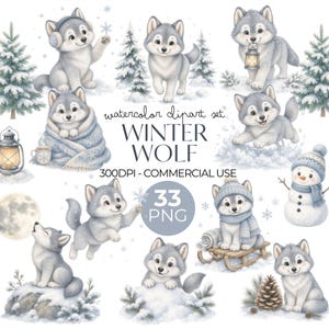 Puede incluir: Un conjunto de imágenes prediseñadas en acuarela digital con cachorros de lobo gris en entornos invernales con nieve, pinos, linternas, un muñeco de nieve y trineos. El texto dice: watercolor clipart set WINTER WOLF 300DPI - COMMERCIAL USE 33 PNG.