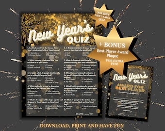 New Year's Eve Quiz Printable Game for New Year Family fun Game Ideas for New Year Trivia Quiz Questions with Answers Group Game quiz bundle