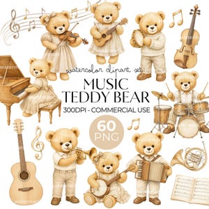Peut inclure: Une collection d'illustrations à l'aquarelle représentant des ours en peluche jouant de divers instruments de musique, dont un piano, un violon, une guitare, une batterie, une trompette et un accordéon, avec des notes de musique.