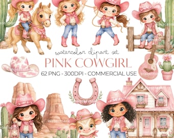 Pink Cowgirl Clipart Watercolor PNG Bundle, Western Cowgirl ClipArt, Rodeo Girl, Cowboy Boots Hat Bow, Instant Download, Commercial Use
