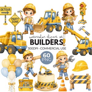 Imágenes prediseñadas de niños de construcción PNG, vehículos de construcción en acuarela, imágenes prediseñadas de constructores, gráficos para baby shower, cumpleaños, decoración de guardería, uso comercial