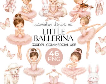 Little Ballerina Clipart Watercolor PNG Baby Girl Blush Pink Ballet Shoes, Tutu, Birthday Invitation, Nursery Decor Wall Art, Commercial Use